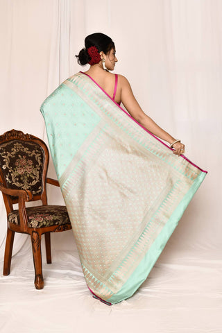 Pastel Mint Semi katan Mushru Satin Banarasi Handloom Saree