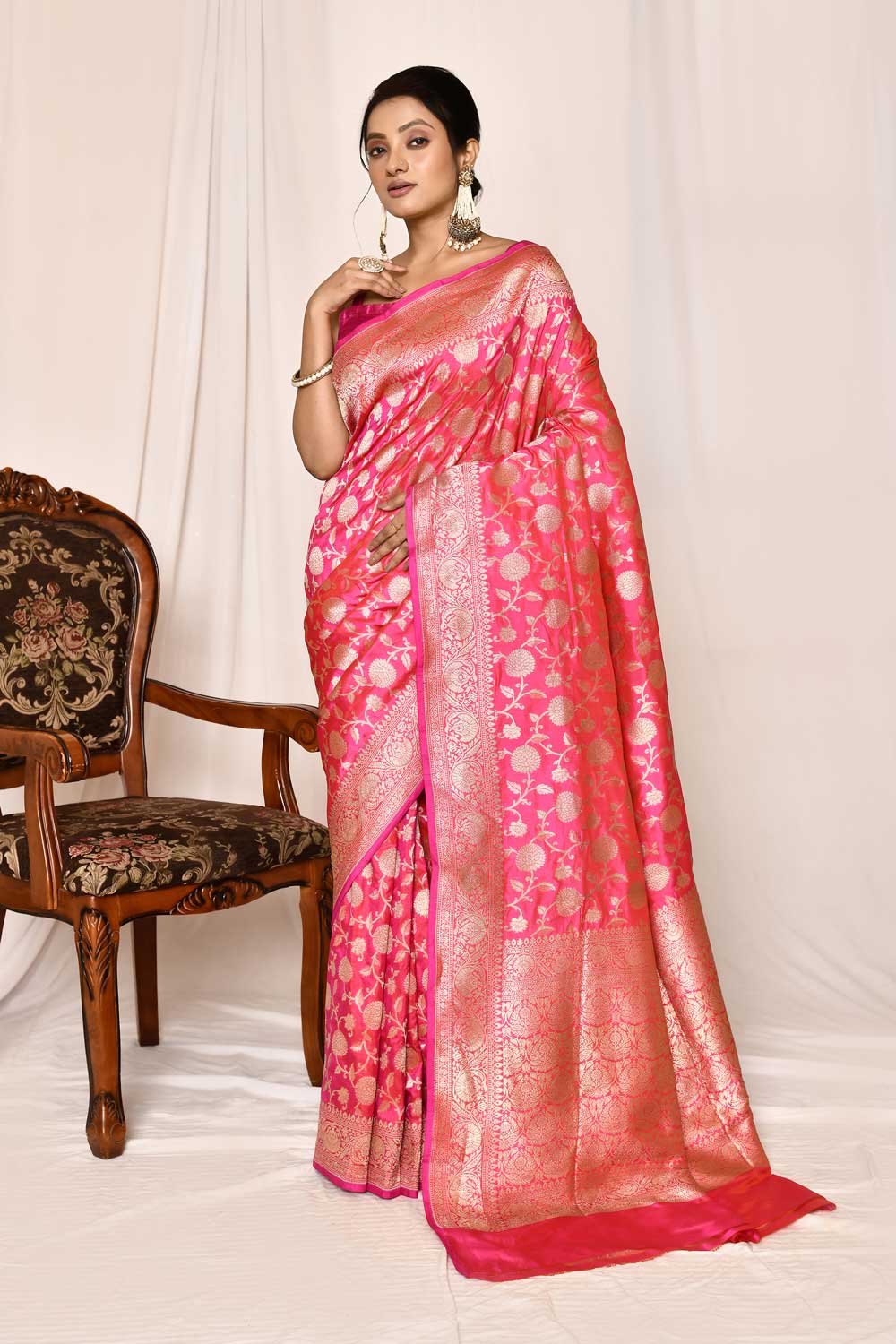 Rani Pink Colour Pure Katan Banarasi Handloom Silk Saree