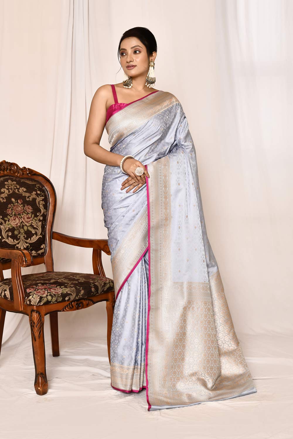 Ice Grey Mushru Satin Semi Katan Banarasi Handloom Silk Saree