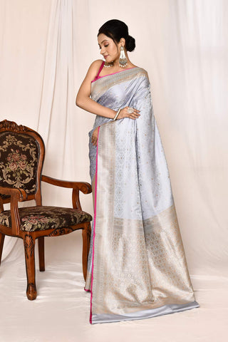 Ice Grey Mushru Satin Semi Katan Banarasi Handloom Silk Saree