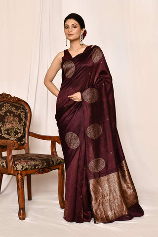 Cranberry Wine Pure Tussar Silk Banarasi Handloom Silk Saree