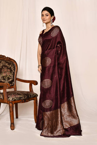 Cranberry Wine Pure Tussar Silk Banarasi Handloom Silk Saree