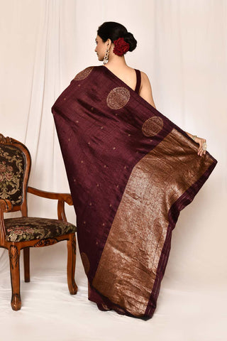 Cranberry Wine Pure Tussar Silk Banarasi Handloom Silk Saree