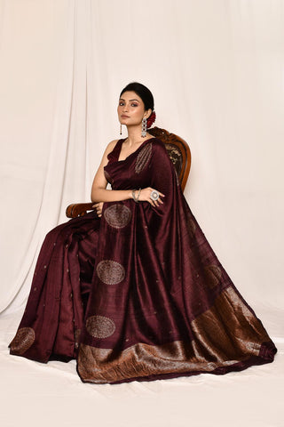 Cranberry Wine Pure Tussar Silk Banarasi Handloom Silk Saree