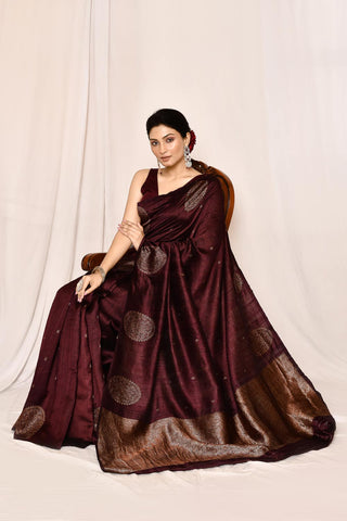 Cranberry Wine Pure Tussar Silk Banarasi Handloom Silk Saree