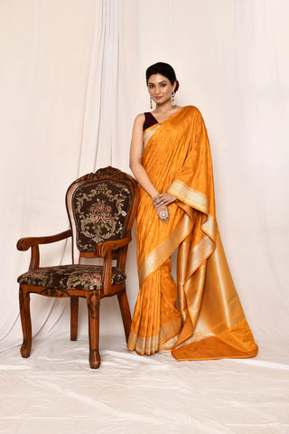 Yellow- Mustard Semi Katan Mushru Satin Banarasi Handloom Saree