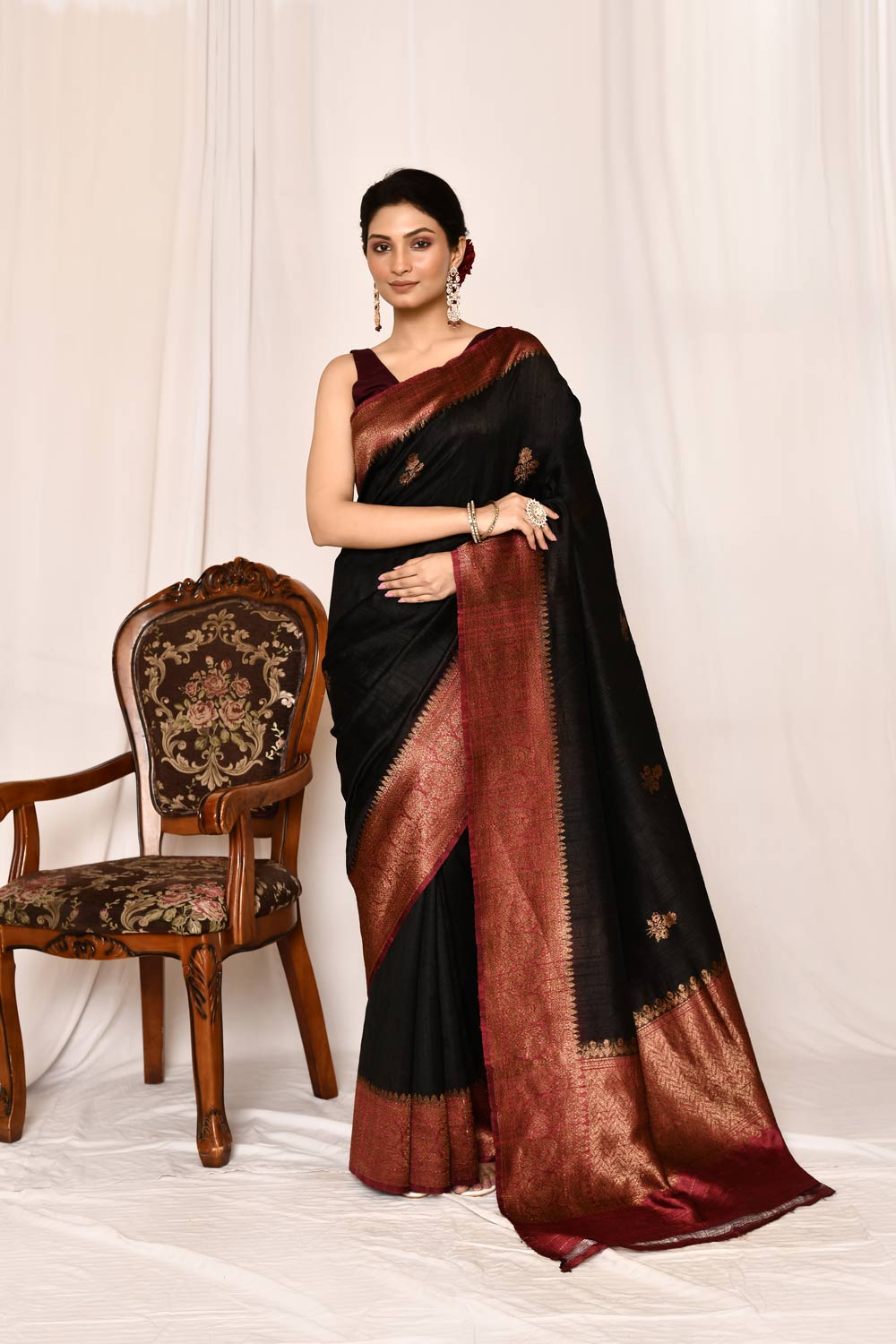 Black - Maroon Pure Tussar Silk Banarasi Handloom Silk Saree