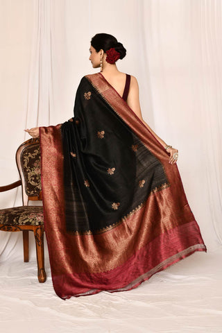 Black - Maroon Pure Tussar Silk Banarasi Handloom Silk Saree