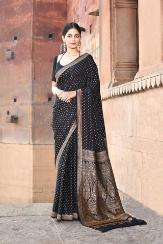 Black Pure Crepe Georgette Banarasi Handloom Silk Saree