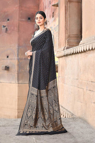 Black Pure Crepe Georgette Banarasi Handloom Silk Saree