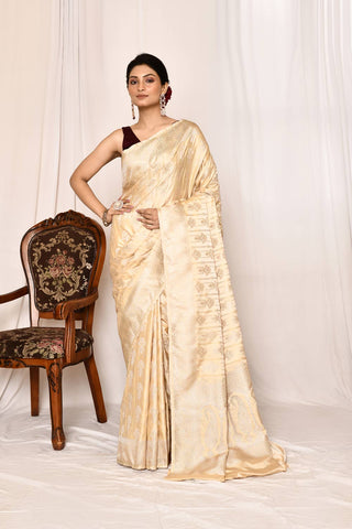 Beige -Tussar Mushru Satin Semi Katan Banarasi Handloom Silk Saree