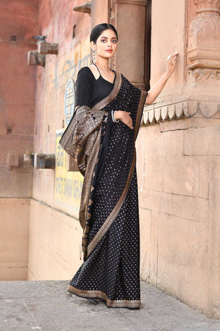 Black Pure Crepe Banarasi Handloom Silk Saree