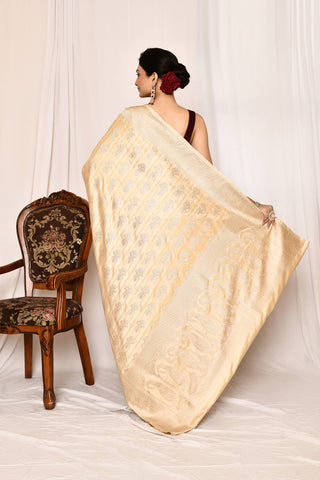 Beige -Tussar Mushru Satin Semi Katan Banarasi Handloom Silk Saree