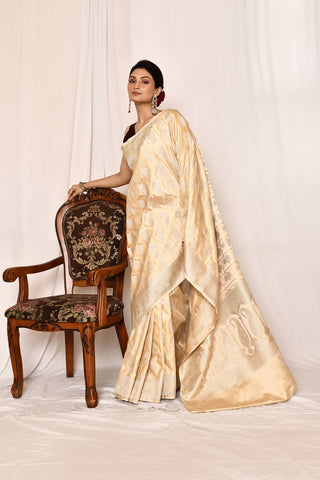 Beige -Tussar Mushru Satin Semi Katan Banarasi Handloom Silk Saree