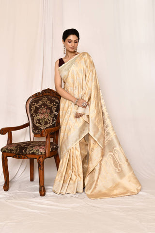 Beige -Tussar Mushru Satin Semi Katan Banarasi Handloom Silk Saree