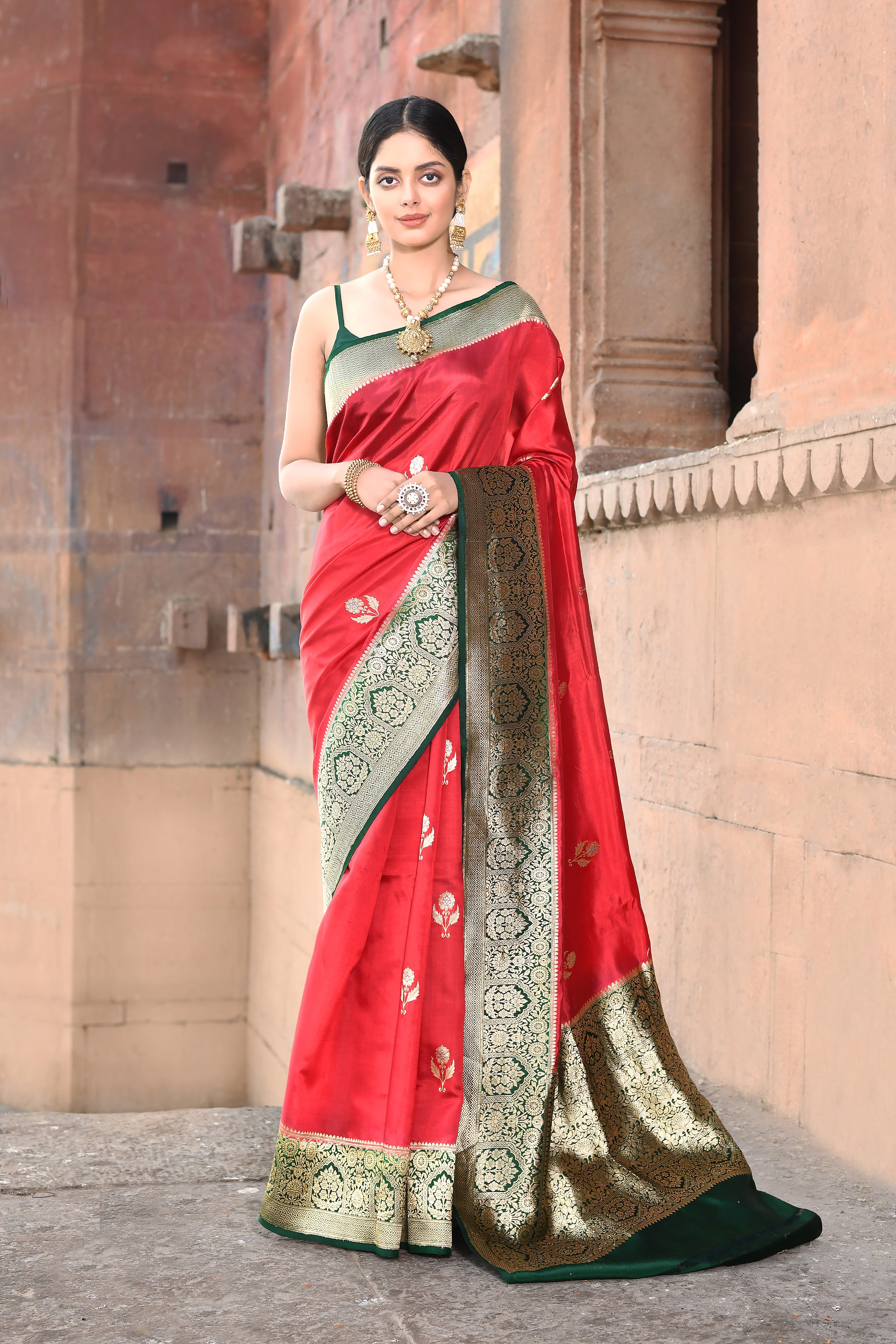 Red- Green Pure Katan Silk Banarasi Handloom Saree