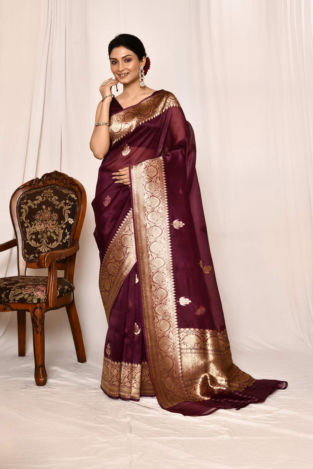 Wine Kora Organza Banarasi Handloom Silk Saree