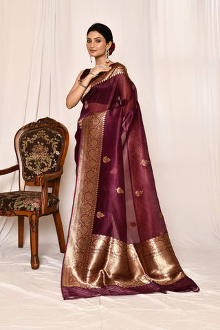 Wine Kora Organza Banarasi Handloom Silk Saree