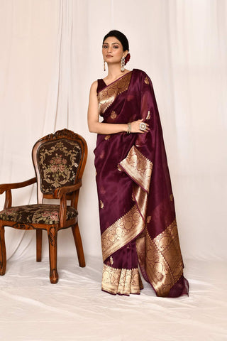 Wine Kora Organza Banarasi Handloom Silk Saree