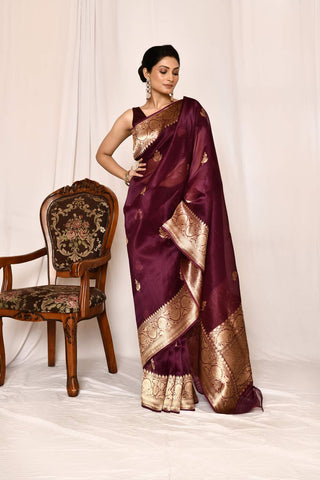 Wine Kora Organza Banarasi Handloom Silk Saree