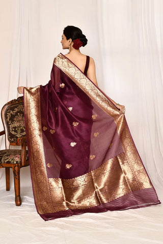 Wine Kora Organza Banarasi Handloom Silk Saree