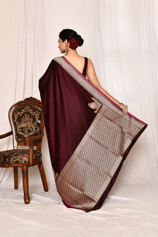 Dark Maroon Semi Katan Mushru Satin  Banarasi Handloom Silk Saree