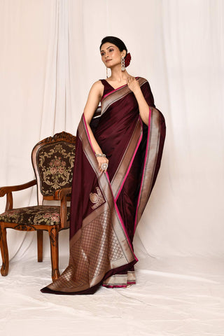 Dark Maroon Semi Katan Mushru Satin  Banarasi Handloom Silk Saree