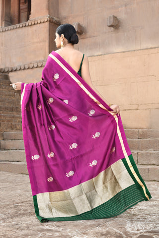 Magenta Pure Katan Silk Banarasi Handloom Saree with Contrast Palla in Green