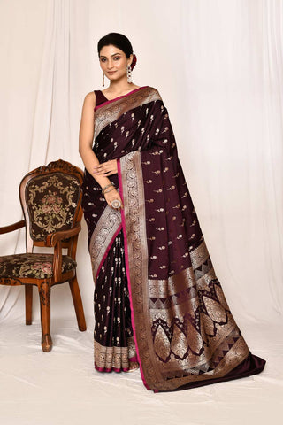 Cranberry Maroon Mushru Satin Semi Katan  Banarasi Handloom Silk Saree