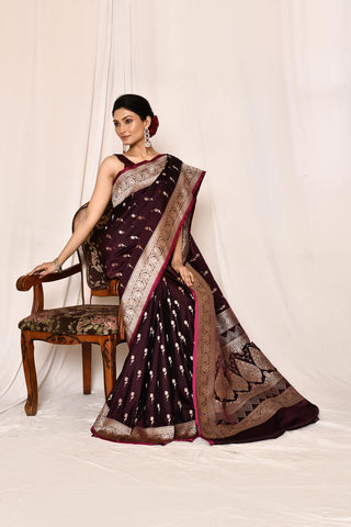 Cranberry Maroon Mushru Satin Semi Katan  Banarasi Handloom Silk Saree