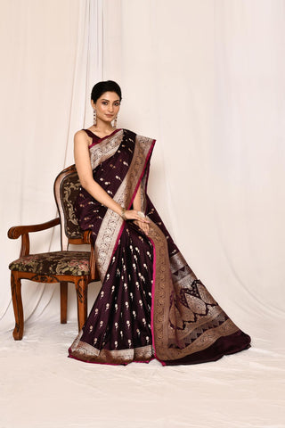 Cranberry Maroon Mushru Satin Semi Katan  Banarasi Handloom Silk Saree