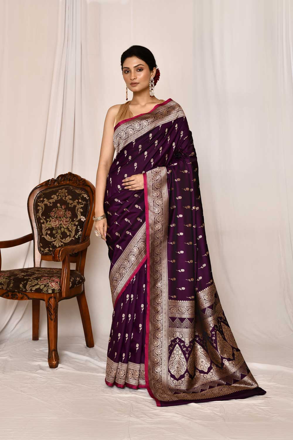 Purple  Mushru Satin Semi Katan  Banarasi Handloom Silk Saree