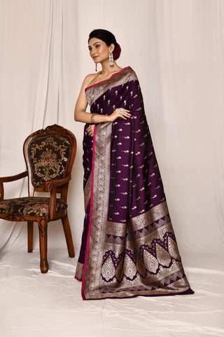 Purple  Mushru Satin Semi Katan  Banarasi Handloom Silk Saree