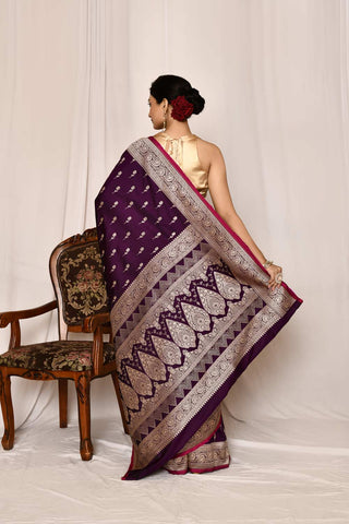 Purple  Mushru Satin Semi Katan  Banarasi Handloom Silk Saree