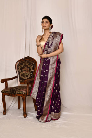 Purple  Mushru Satin Semi Katan  Banarasi Handloom Silk Saree