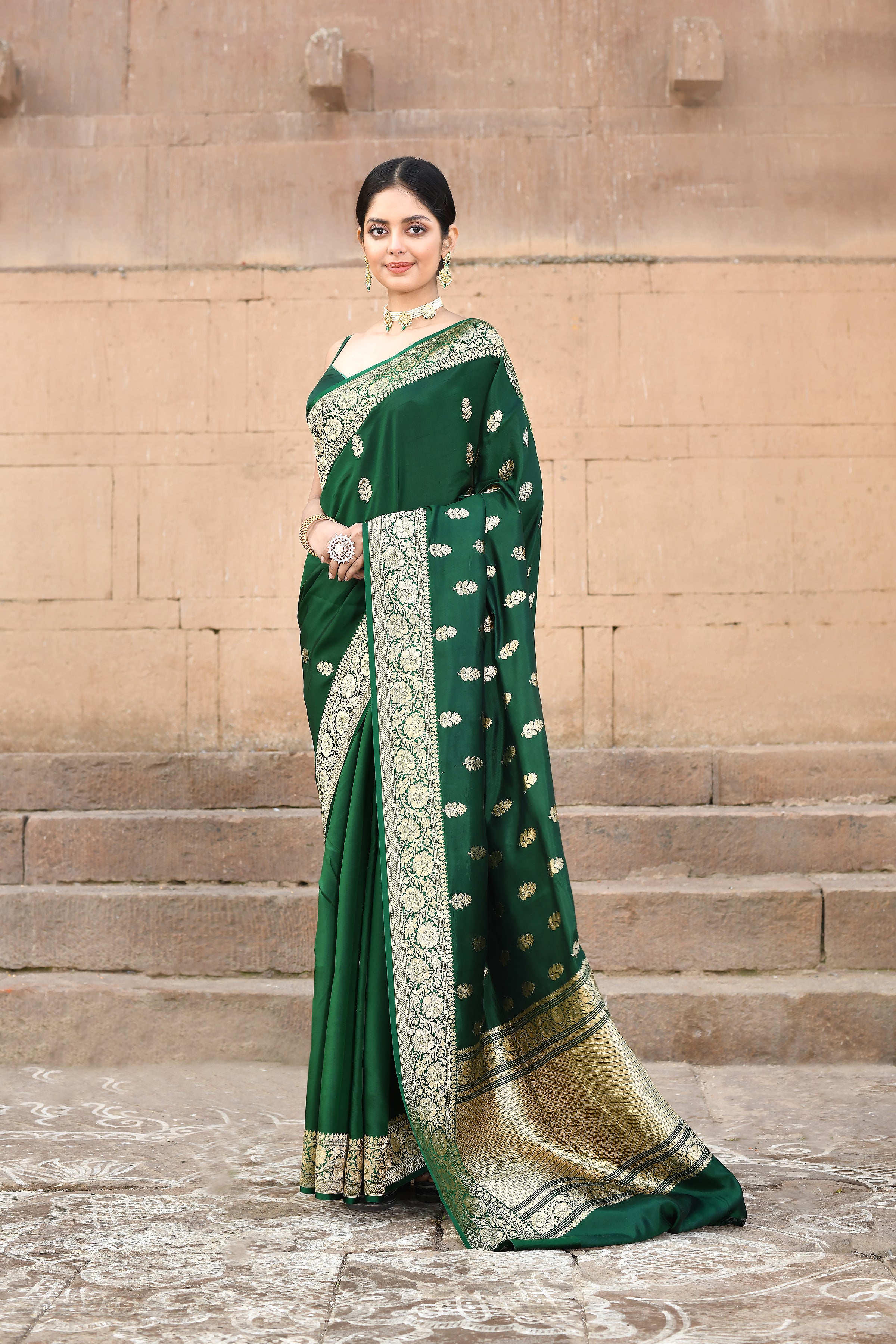 Dark Green Pure Katan Silk Banarasi kadhua Saree