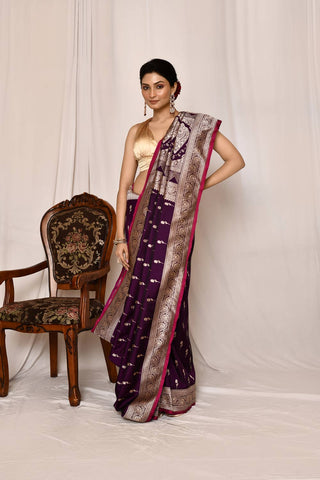 Purple  Mushru Satin Semi Katan  Banarasi Handloom Silk Saree