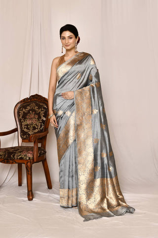 Coin Grey Pure Katan Silk Banarasi Handloom Silk Saree