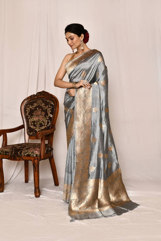 Coin Grey Pure Katan Silk Banarasi Handloom Silk Saree