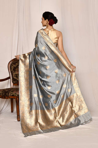 Coin Grey Pure Katan Silk Banarasi Handloom Silk Saree