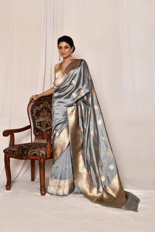 Coin Grey Pure Katan Silk Banarasi Handloom Silk Saree