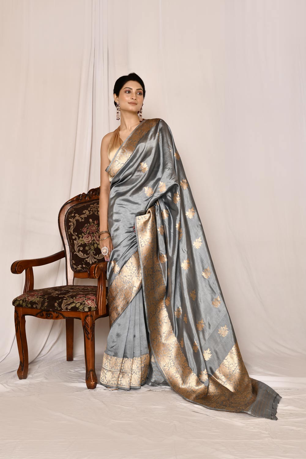 Coin Grey Pure Katan Silk Banarasi Handloom Silk Saree