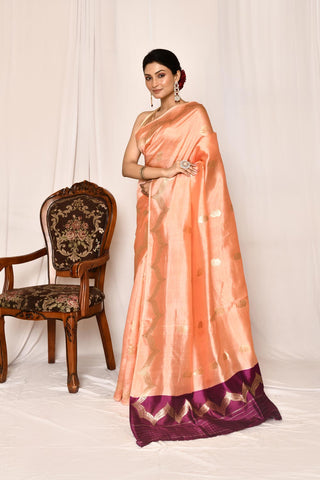 Coral Peach Pure Katan Silk Banarasi Handloom Silk Saree