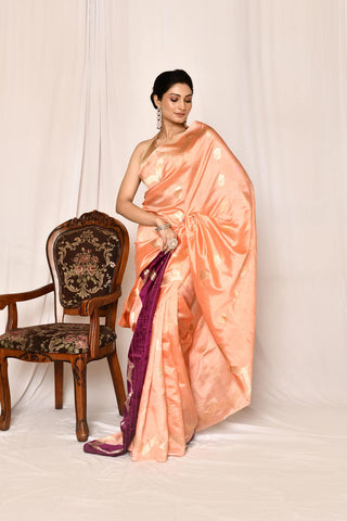 Coral Peach Pure Katan Silk Banarasi Handloom Silk Saree