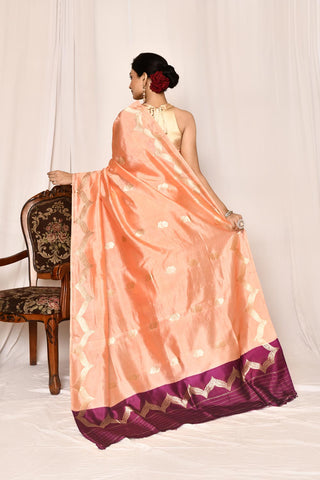 Coral Peach Pure Katan Silk Banarasi Handloom Silk Saree