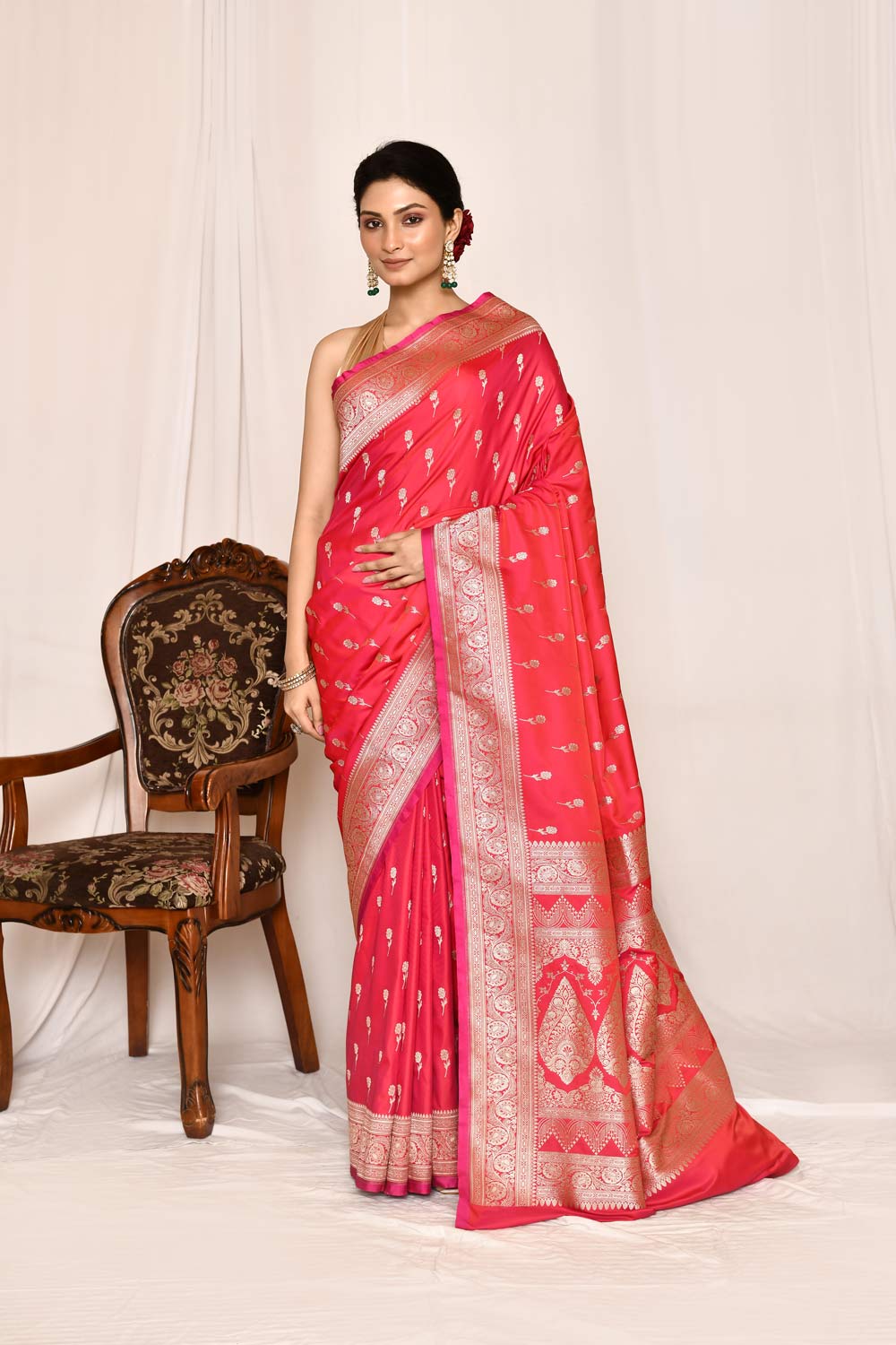 Pink Semi katan Mushru Satin Handloom Silk Saree