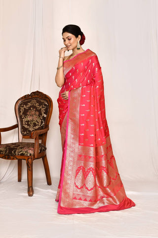 Pink Semi katan Mushru Satin Handloom Silk Saree