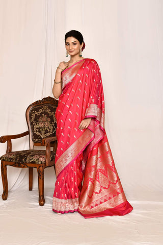 Pink Semi katan Mushru Satin Handloom Silk Saree