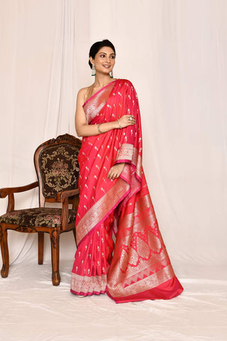 Pink Semi katan Mushru Satin Handloom Silk Saree