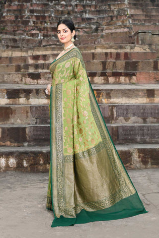 Green Pure Khaddi Banarasi Handloom Saree With Contrast Border In Dark Green Color